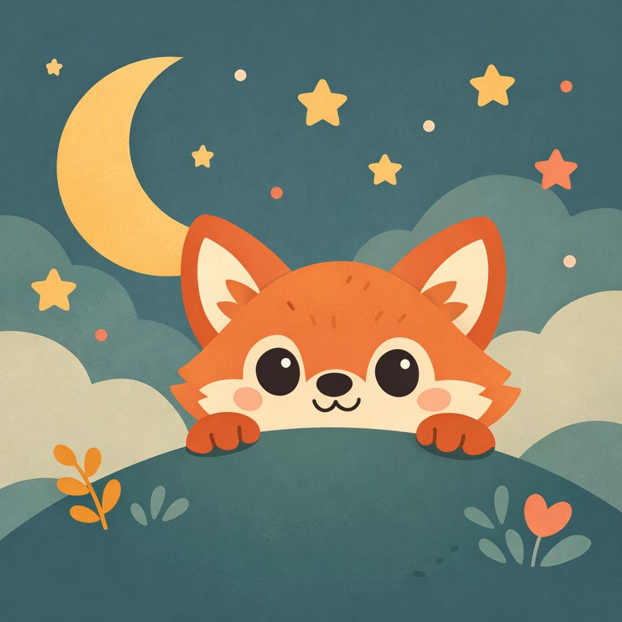 Illustrated fox character in a night forest